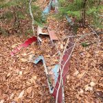 Broken canoe in the woods filled with leaves and debris
