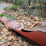 Cracked canoe covered in leaves