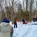 People dragging old canoes on snow